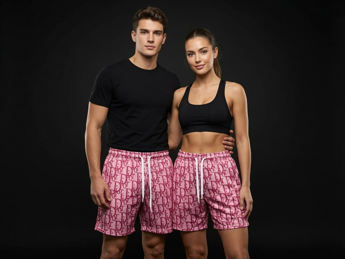 Unisex Pink Mesh Monogram Print Double Lined Shorts - Breathable Athletic Casual Performance Shorts