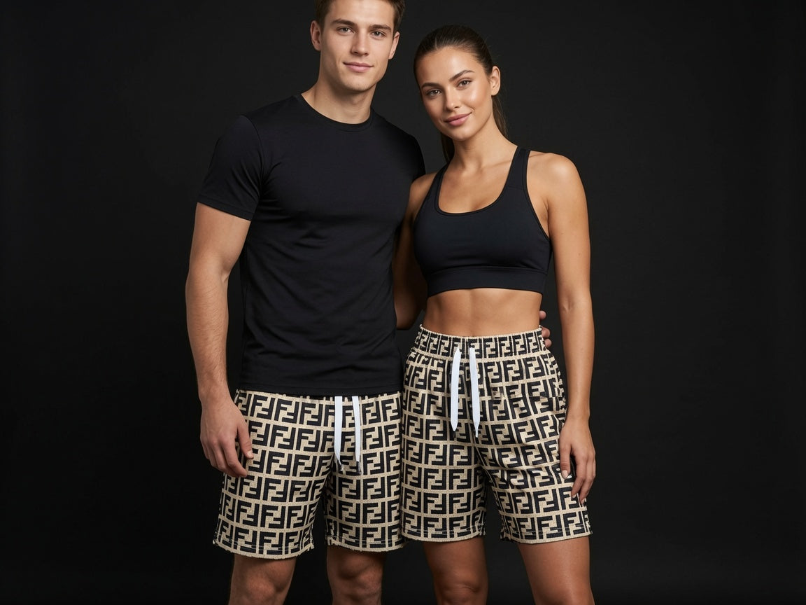 Unisex Cream Black Monogram Mesh Shorts - Breathable Athletic Casual Performance Shorts