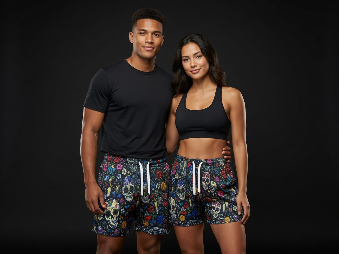 Unisex Black Mesh Sugar Skull Floral Print Shorts - Breathable Athletic Casual Performance Shorts