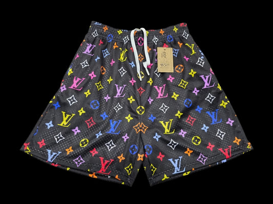 Unisex Black Multicolor Mesh Monogram Print Shorts - Breathable Athletic Casual Performance Shorts