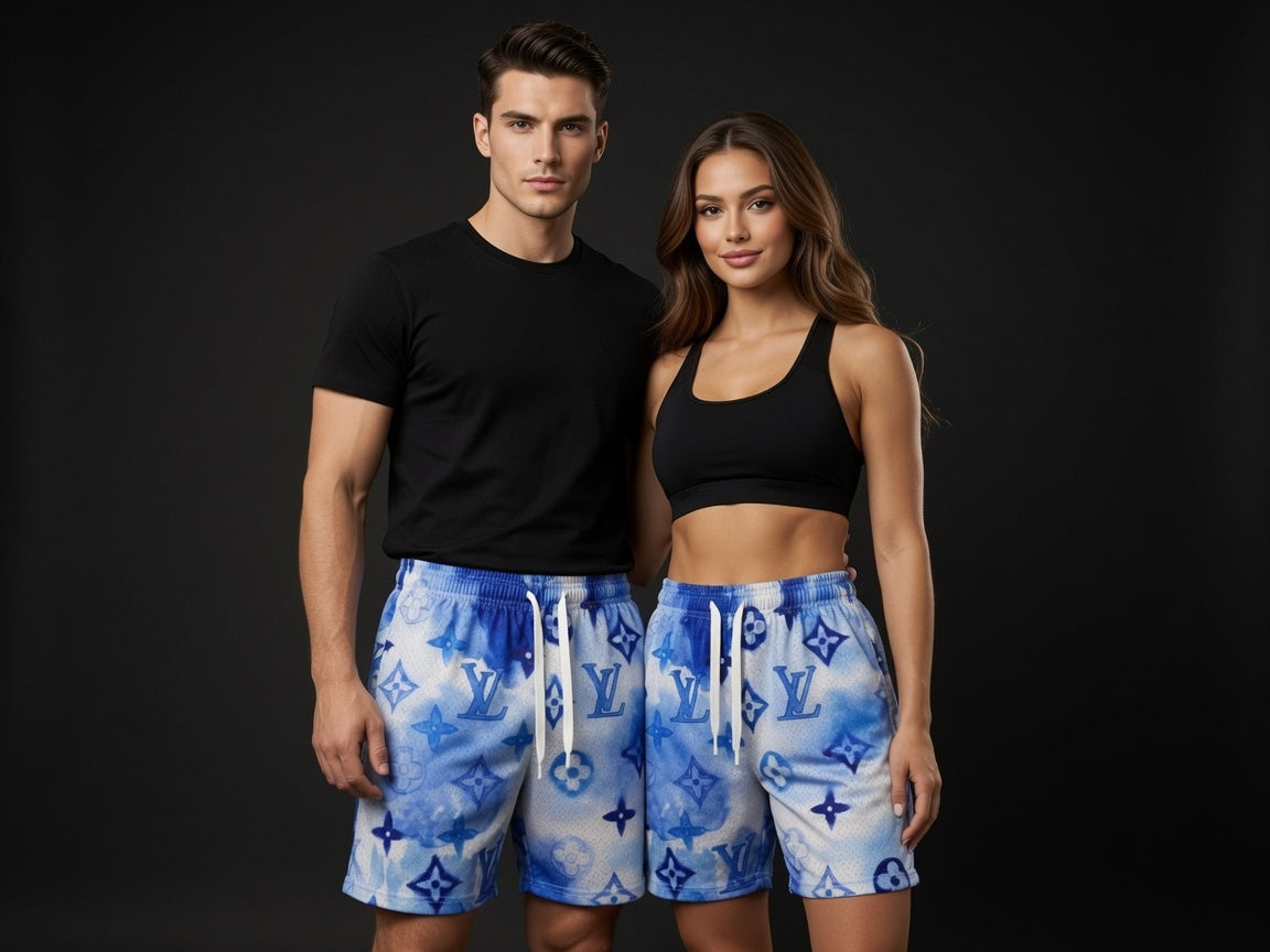 nisex Blue Tie-Dye Monogram Mesh Shorts - Breathable Athletic Casual Performance Shorts
