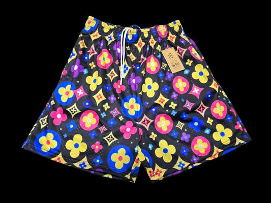 Unisex Black Multicolor Flower Monogram Mesh Shorts - Breathable Athletic Casual Performance Shorts