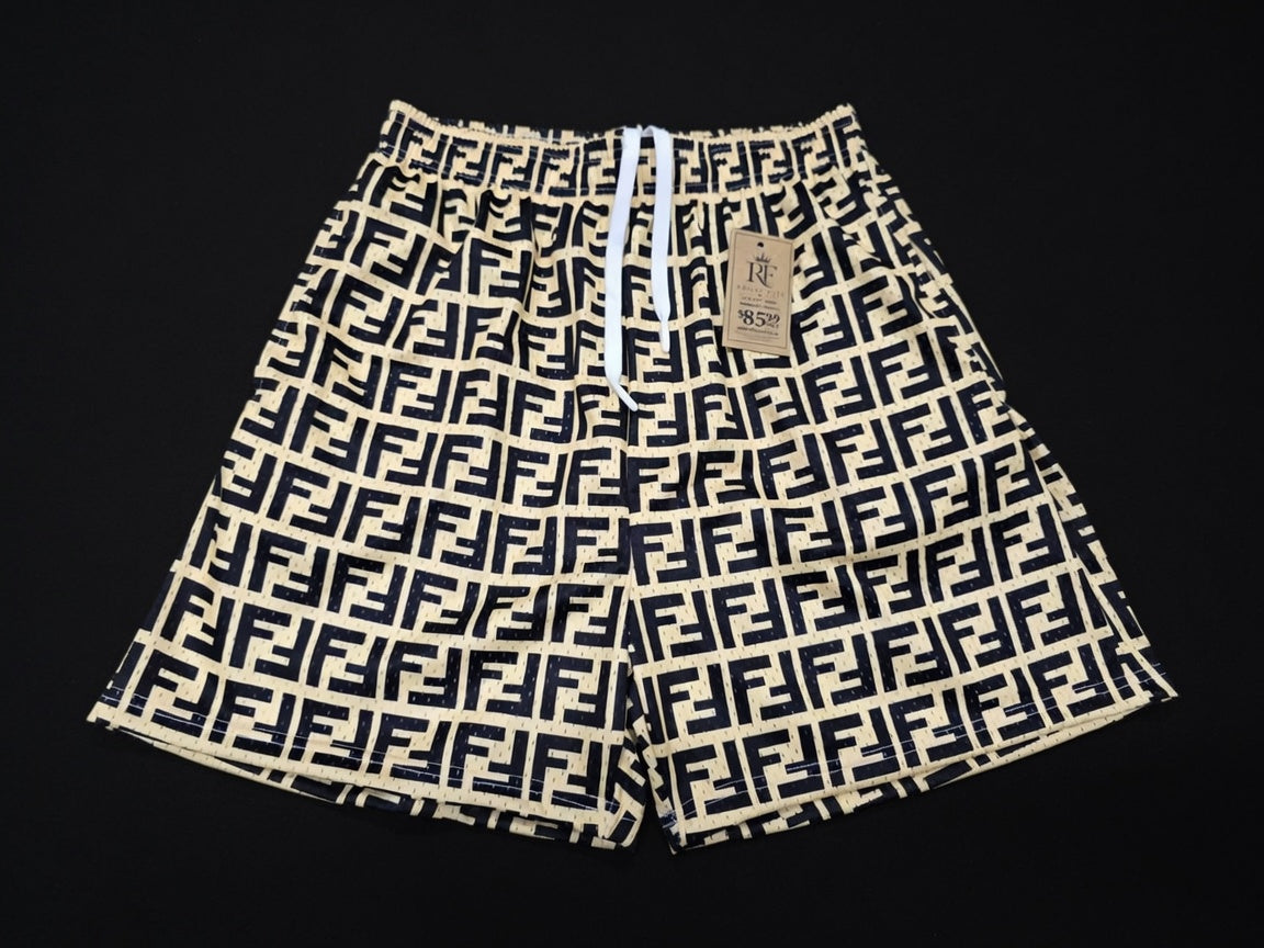Unisex Cream Black Monogram Mesh Shorts - Breathable Athletic Casual Performance Shorts