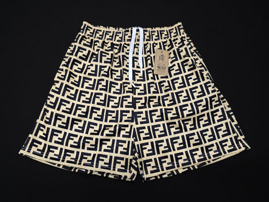 Unisex Cream Black Monogram Mesh Shorts - Breathable Athletic Casual Performance Shorts