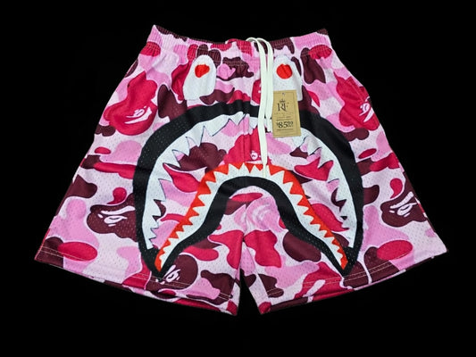 Unisex Pink Camo Shark Mouth Mesh Shorts - Breathable Athletic Casual Performance Shorts