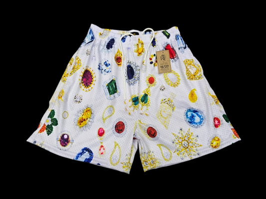 White Multicolor Gem Print Mesh Shorts – Unisex Streetwear Athletic Mesh Shorts
