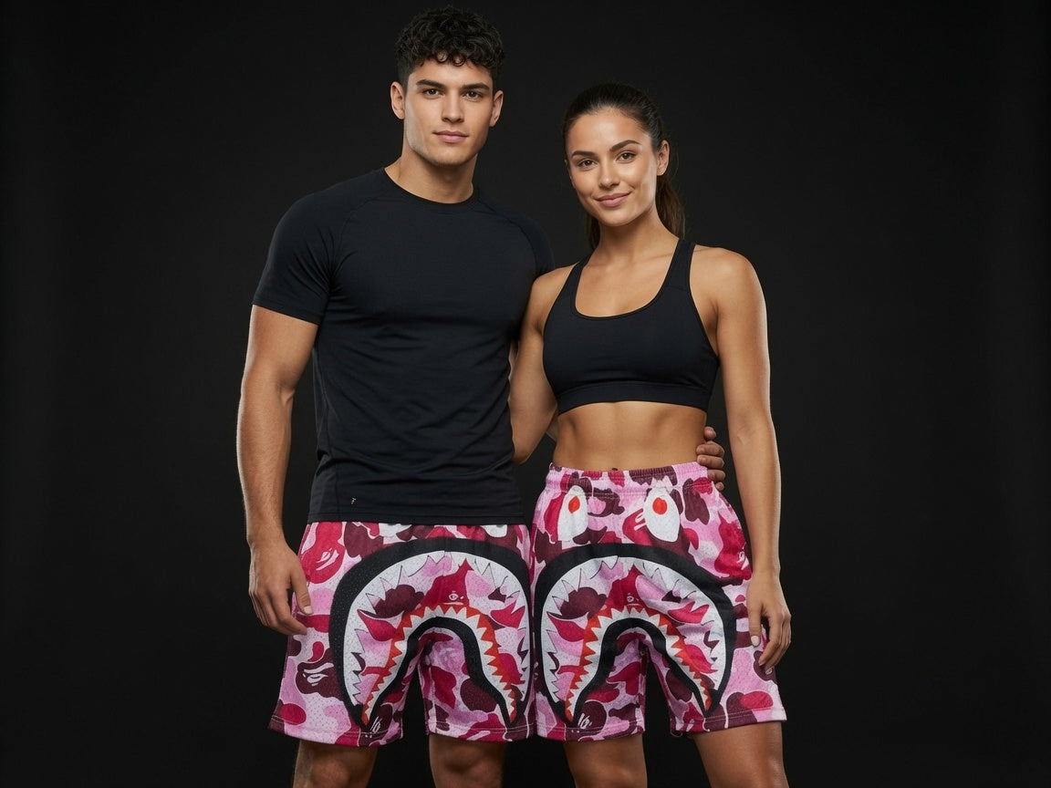 Unisex Pink Camo Shark Mouth Mesh Shorts - Breathable Athletic Casual Performance Shorts