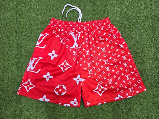 Mesh Mart Unisex Double-Layer Mesh Shorts – Red Graphic Print Athletic Streetwear Shorts