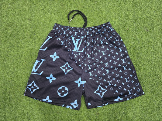 Unisex Double-Layer Mesh Shorts – Black & Blue Graphic Athletic Streetwear Shorts