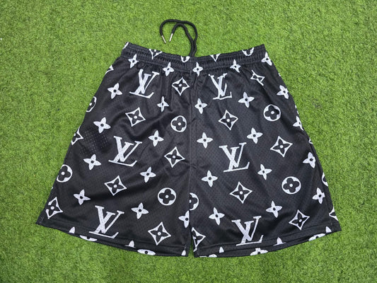 Unisex Double-Layer Mesh Shorts – Black Graphic Print Athletic Streetwear Shorts