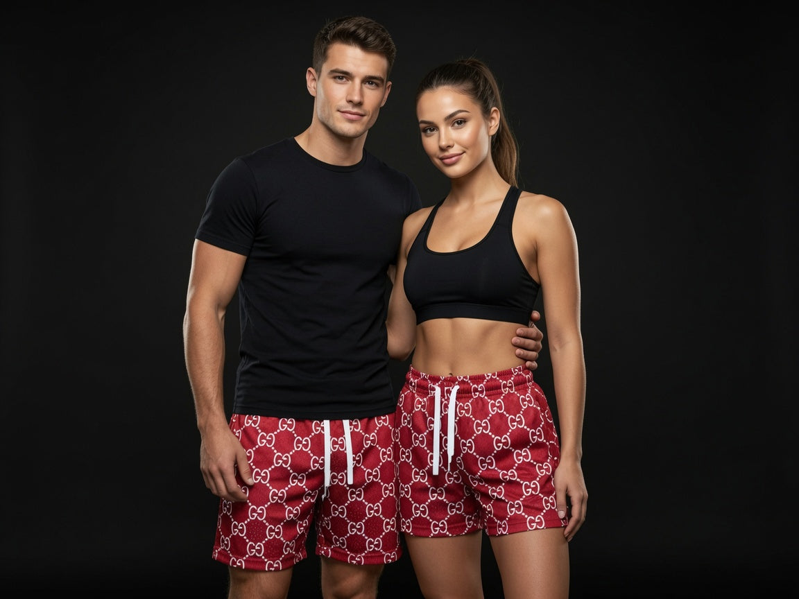 Unisex Red printed Monogram Print Mesh Shorts - Breathable Athletic Casual Performance Shorts
