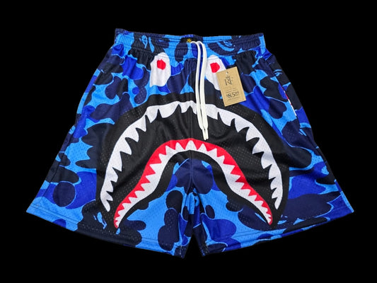 Unisex Blue Camo Shark Mouth Mesh Shorts - Breathable Athletic Casual Performance Shorts