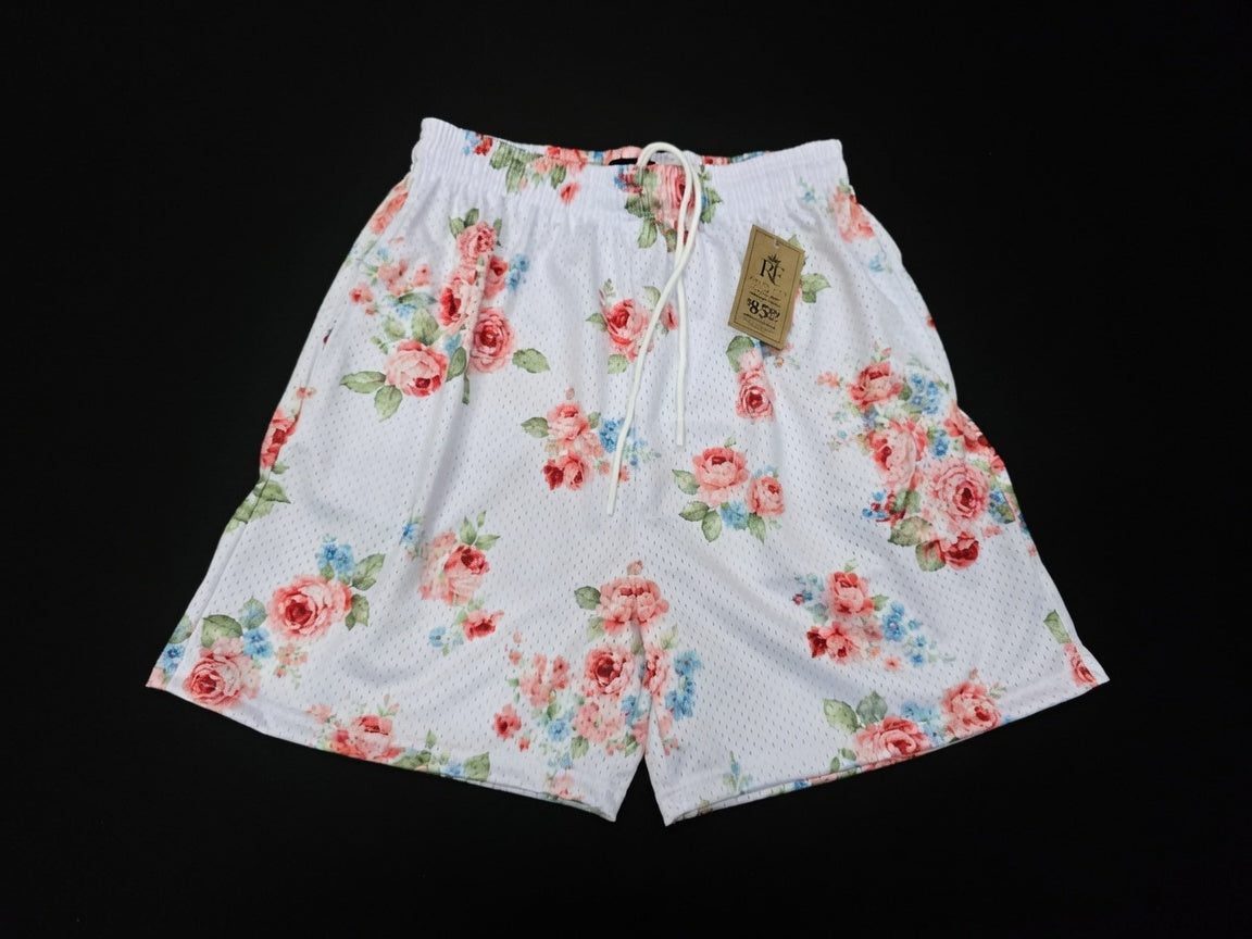 White Pink Floral Mesh Shorts – Unisex Streetwear Athletic Mesh Shorts