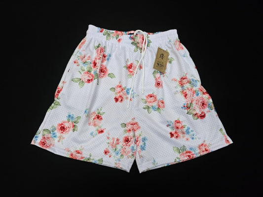 White Pink Floral Mesh Shorts – Unisex Streetwear Athletic Mesh Shorts