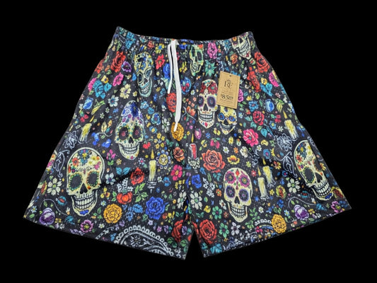 Unisex Black Mesh Sugar Skull Floral Print Shorts - Breathable Athletic Casual Performance Shorts