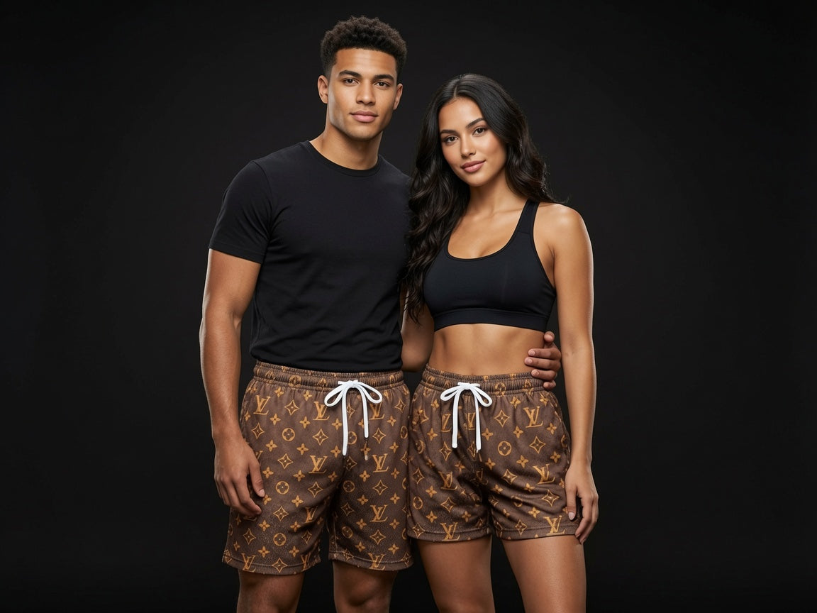 Unisex Brown Mesh Monogram Print Double Lined Shorts - Breathable Athletic Casual Performance Shorts