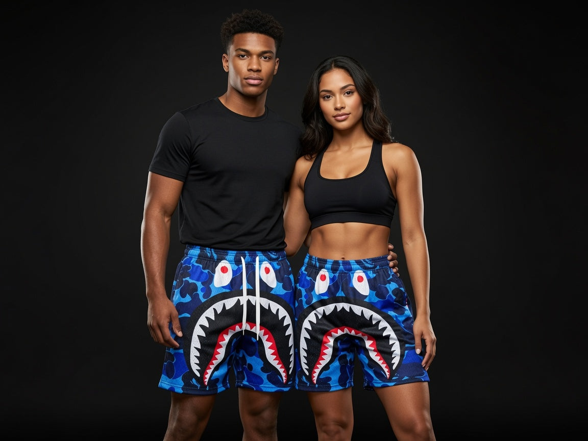 Unisex Blue Camo Shark Mouth Mesh Shorts - Breathable Athletic Casual Performance Shorts