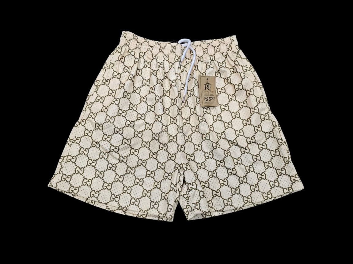 Beige Monogram Print Mesh Shorts – Unisex Streetwear Athletic Mesh Shorts