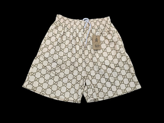 Beige Monogram Print Mesh Shorts – Unisex Streetwear Athletic Mesh Shorts