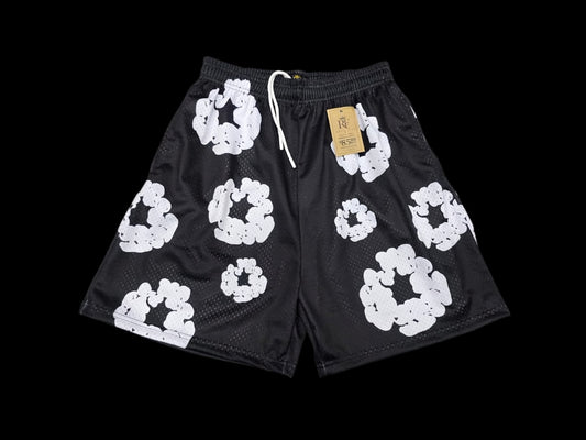 Black & White Floral Graphic Mesh Shorts – Unisex Streetwear Athletic Mesh Shorts