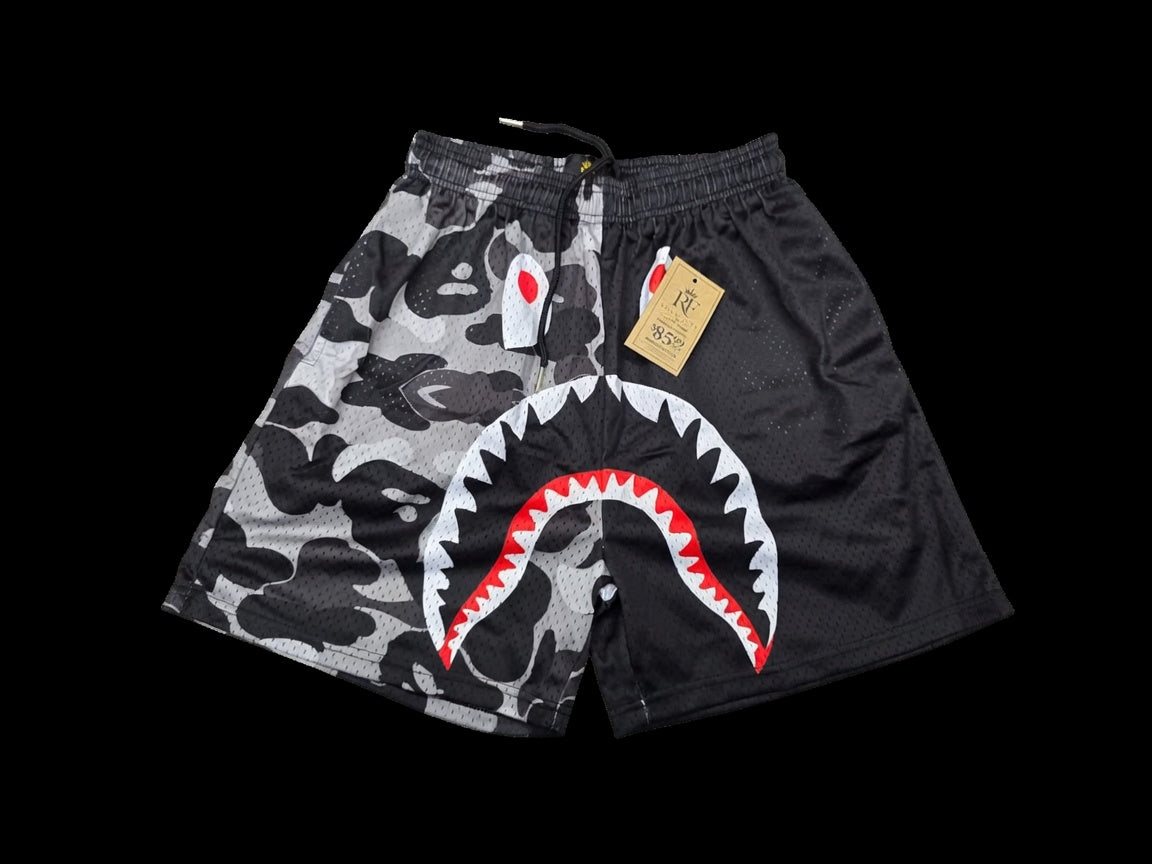 Black & Grey Camo Graphic Mesh Shorts – Unisex Streetwear Athletic Mesh Shorts