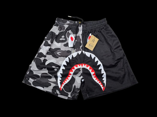 Black & Grey Camo Graphic Mesh Shorts – Unisex Streetwear Athletic Mesh Shorts