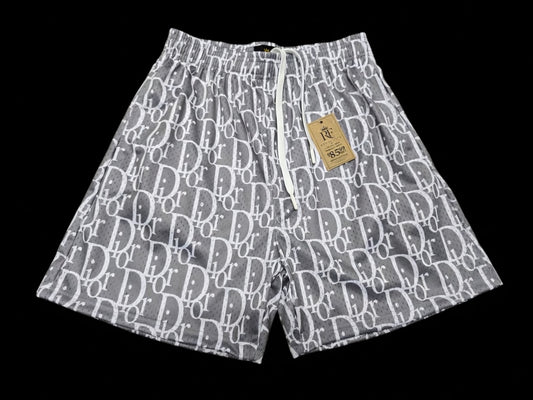 Unisex Grey and white Mesh Monogram Shorts - Breathable Unisex Designer Streetwear