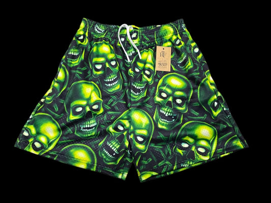 Unisex Green Skull Mesh Shorts - Breathable Athletic Casual Performance Shorts