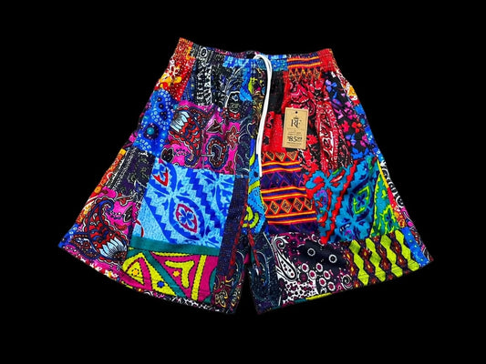 Multicolor Patchwork Graphic Mesh Shorts – Unisex Streetwear Athletic Mesh Shorts