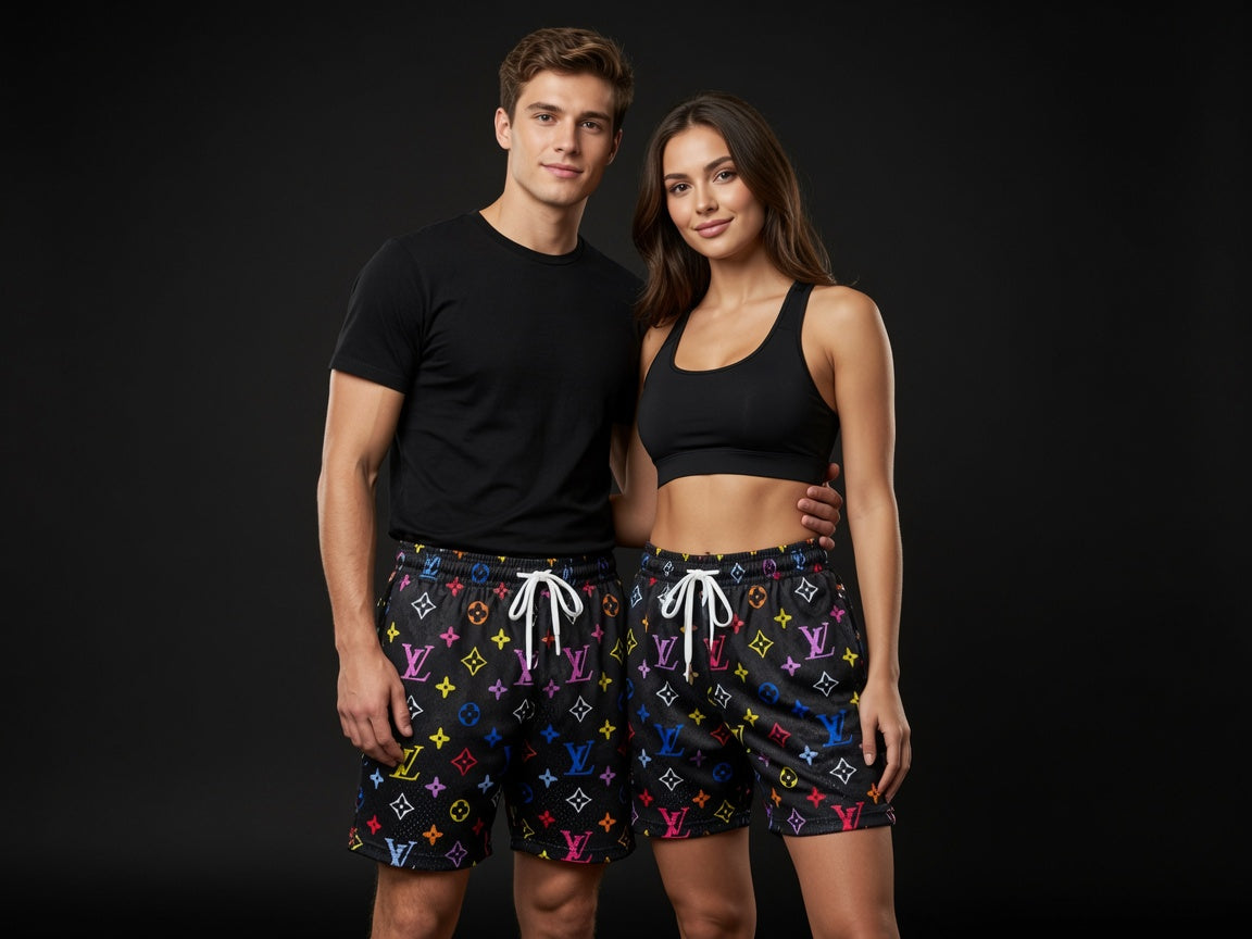 Unisex Black Multicolor Mesh Monogram Print Shorts - Breathable Athletic Casual Performance Shorts