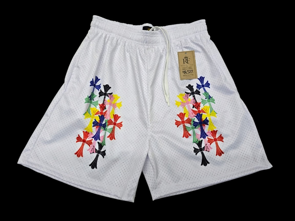 Unisex White Mesh Colorful Cross Print Shorts - Breathable Athletic Casual Performance Shorts