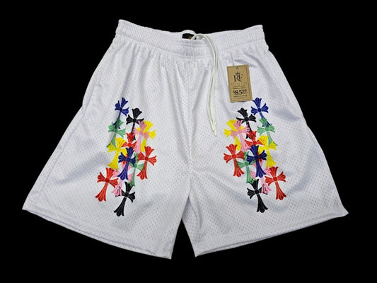Unisex White Mesh Colorful Cross Print Shorts - Breathable Athletic Casual Performance Shorts