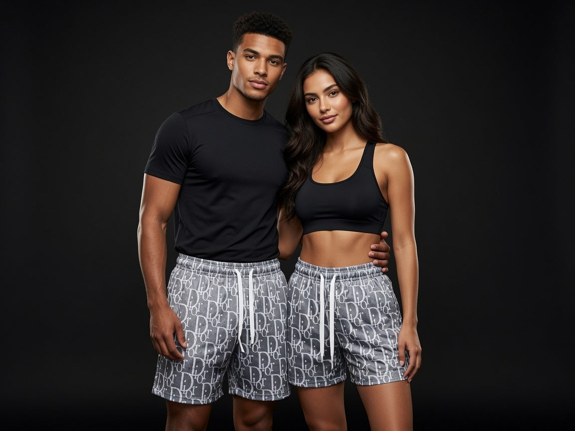 Unisex Grey and white Mesh Monogram Shorts - Breathable Unisex Designer Streetwear