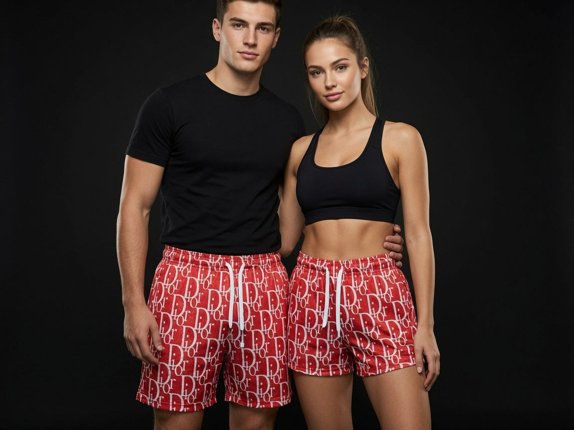 Unisex Red and white Mesh Monogram Print Shorts - Breathable Athletic Casual Performance Shorts