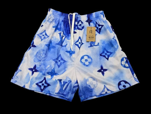 Unisex Blue Tie-Dye Monogram Mesh Shorts - Breathable Athletic Casual Performance Shorts