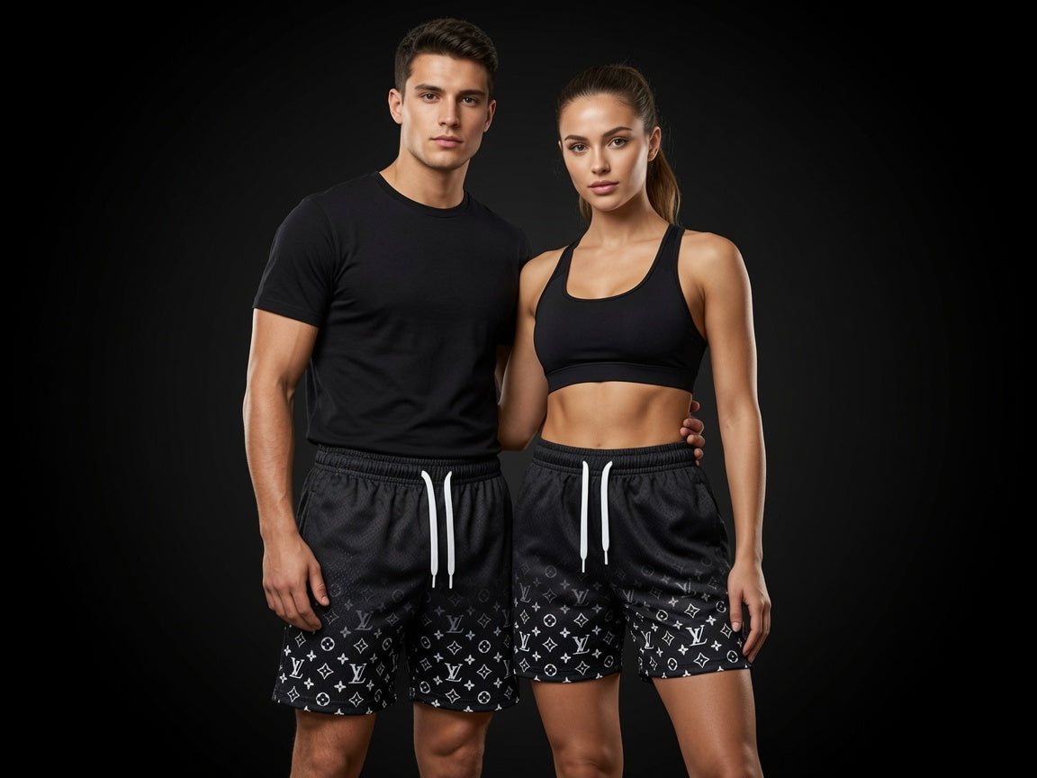 Unisex Black Mesh Monogram Print Shorts - Breathable Athletic Casual Performance Shorts