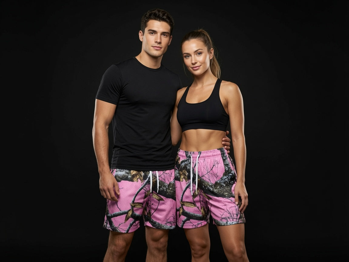 Unisex Pink Camo Tree Branch Mesh Shorts - Breathable Athletic Casual Performance Shorts