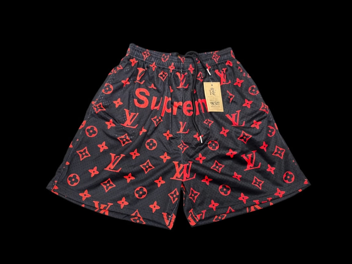 Black Red Monogram-Inspired Graphic Mesh Shorts – Unisex Streetwear Athletic Mesh Shorts